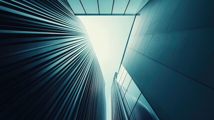 Obraz premium Low-angle view of modern skyscrapers with sleek lines and futuristic architecture illuminated by natural light. Urban innovation and progress concept 