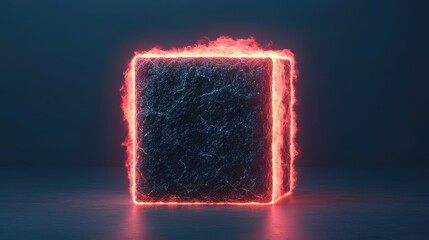 A glowing, abstract black cube with a red outline, set against a dark background, creates a modern and futuristic aesthetic.