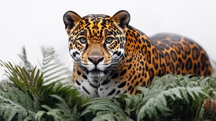 Fototapeta premium Majestic jaguar peering from lush green foliage, intense gaze.