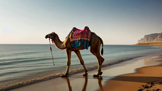 A camel is on the beach Sunset