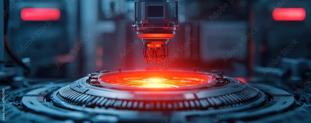 Poster a futuristic scene featuring a glowing red element being processed by advanced machinery in a high-t