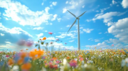Wind turbine amidst a vibrant flower field under a blue sky