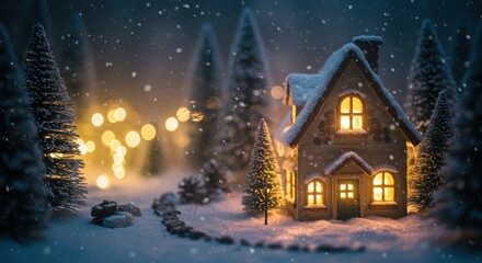 Naklejka premium Winter wonderland, cozy cottage, glowing windows, snow-covered landscape, miniature
