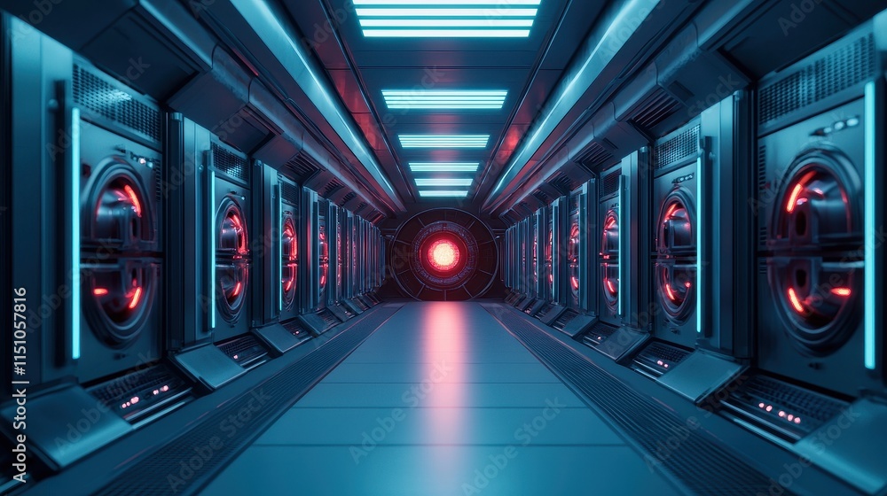 Poster a futuristic corridor with glowing blue and red lights, featuring rows of machines on either side an