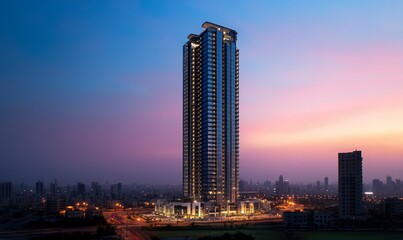 A tall modern skyscraper illuminated at dusk against a colorful sky.