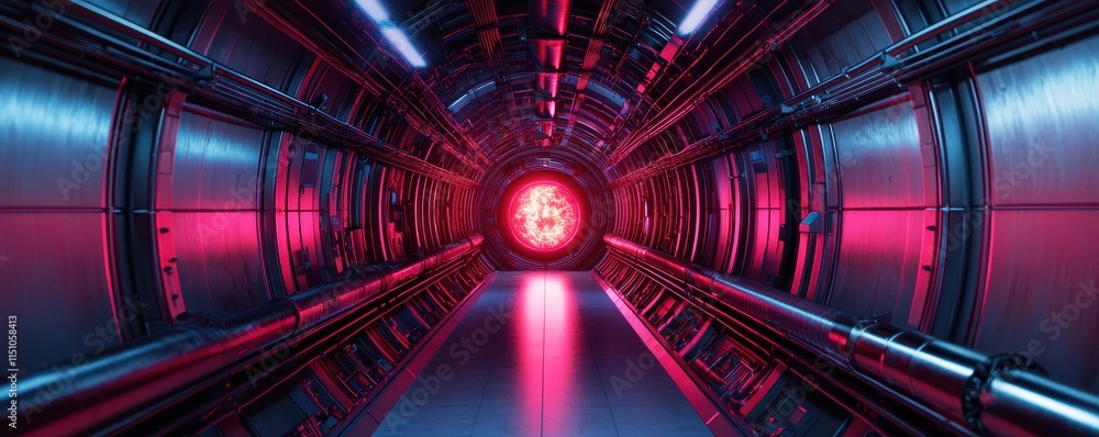 Poster a futuristic tunnel with glowing red and blue lights, creating a high-tech atmosphere, leading to a 