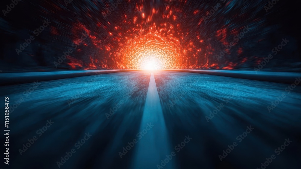 Poster a vibrant tunnel of light, featuring a bright orange glow at the end with dynamic blue and black ton