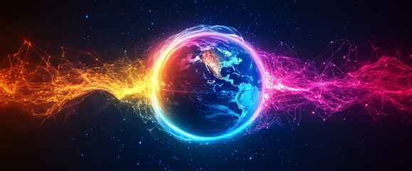 Obraz premium A vibrant digital representation of Earth amidst colorful energy waves.