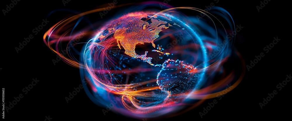 Poster a vibrant digital representation of earth with colorful data flows.