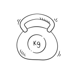 Gym equipment hand drawn illustration. Kettlebell vector icon doodle. Workout fitness device outline style design.