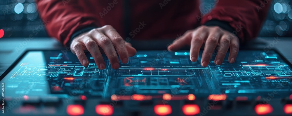 Poster a person interacts with a high-tech digital interface, showcasing illuminated controls and intricate