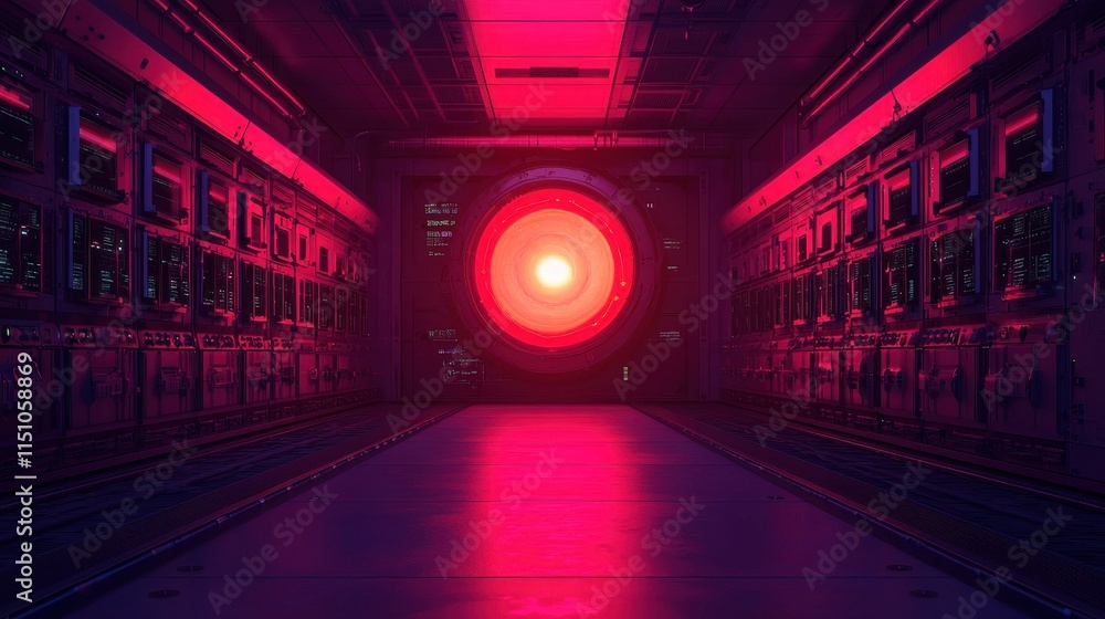 Poster a futuristic corridor illuminated by a bright red light, featuring a circular focal point and high-t