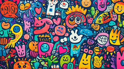Colorful Doodle Art Background Fun Cartoon Characters Happy Bright Design