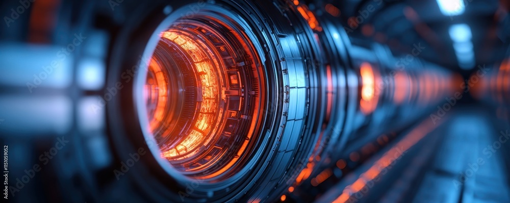 Poster a futuristic tunnel featuring metallic structures with glowing orange elements, showcasing advanced 