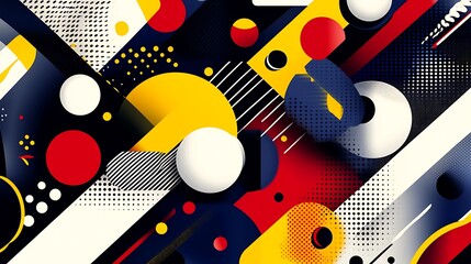 Abstract geometric shapes background with red, yellow, and white circles and lines.