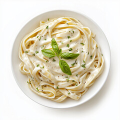Top view Creamy Alfredo fettuccine pasta on a white plate isolated on a white background