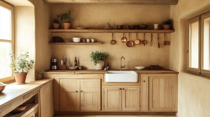 Rustic kitchen with wooden cabinets, copper pots, and farmhouse sink.