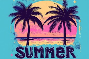 Vintage-inspired poster featuring two palm trees at sunset.