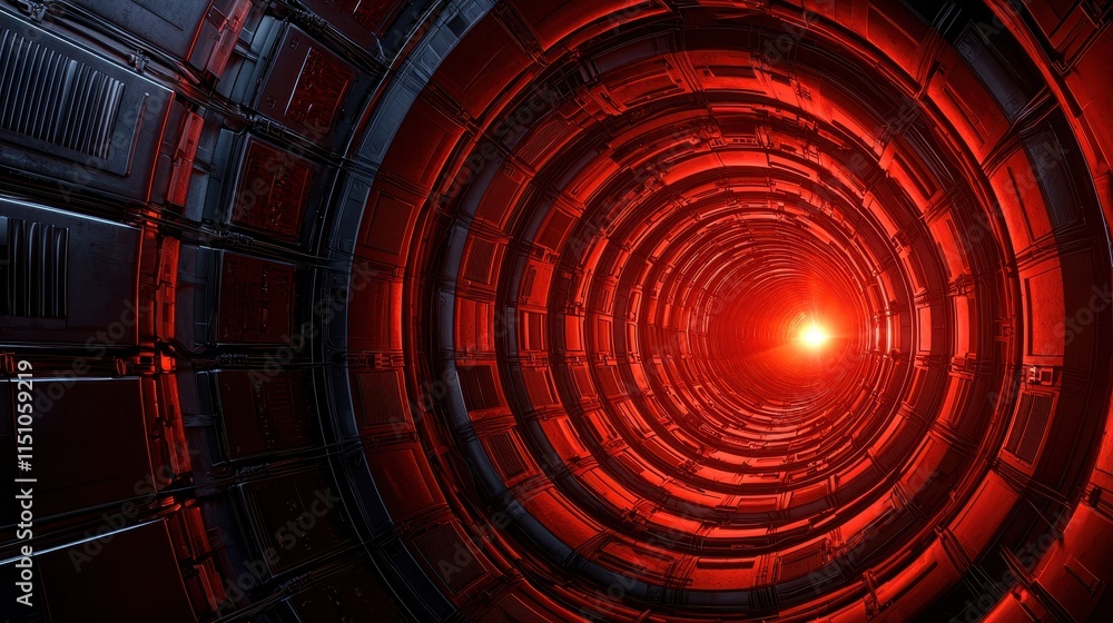 Poster a futuristic tunnel with circular metallic walls, illuminated by a bright red light at the center, c