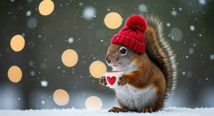 Adorable squirrel, red knit hat with pompom, holding tiny white mug with heart, snowy