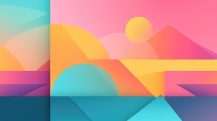 Obraz premium Abstract geometric landscape featuring vibrant pastel colors, sun, and layered shapes. Modern art concept 