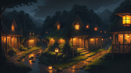 Fototapeta premium Illustration of an anime landscape background highlighting a cozy village with lantern-lit streets surrounded by dense forest..