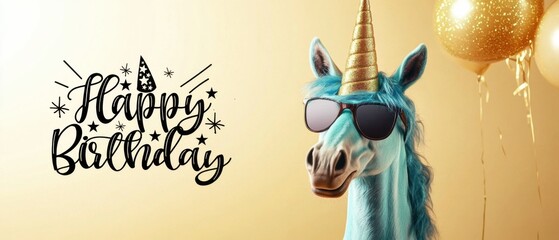 Happy Birthday Unicorn with Sunglasses and Party Hat Stock Photo