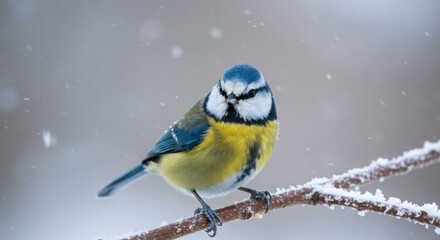 Naklejka premium Winter bird, blue tit, snowy branch, colorful plumage, detailed feathers, soft focus
