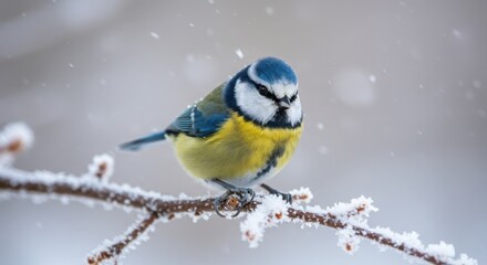 Obraz premium Winter bird, blue tit, snowy branch, colorful plumage, detailed feathers, soft focus