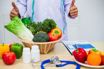 A male doctor advises consuming organic vegetables and fruits, emphasizing their nutritional value, vitamins, and minerals from chemical-free gardens for optimal health and overall well-being.