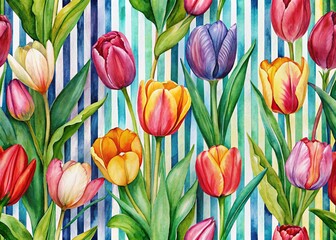 Obraz premium Abstract Watercolor Tulips & Leaves Seamless Pattern - Vintage Striped Background