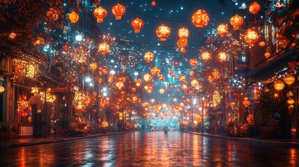 Obraz premium Night street, glowing lanterns, festive atmosphere.