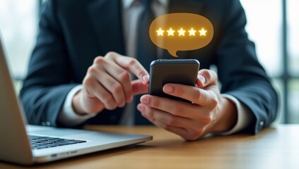 Businessman using smartphone showing five star rating review
