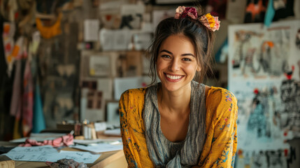 cheerful woman fashion designer smiles in her creative workspace, surrounded by sketches and colorful fabrics, showcasing her passion for design and creativity
