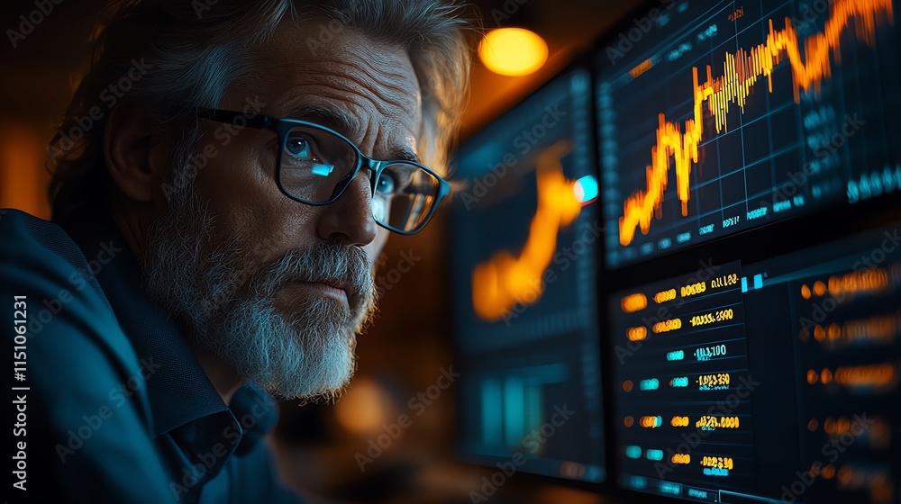 Aufkleber a serious analyst focused on financial data displayed on multiple screens.