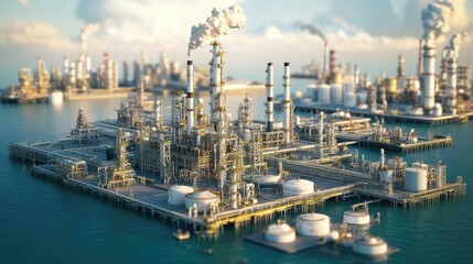 Obraz premium Offshore oil refinery with industrial structures, storage tanks, and smoke stacks surrounded by calm water under a bright sky. Energy production concept 