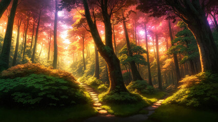 Fototapeta premium Illustration of an anime landscape background featuring dreamy nature scenes with a vibrant forest and glowing light filtering through the trees..