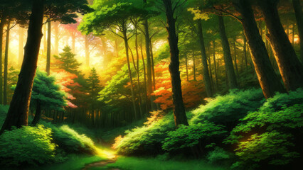 Obraz premium Illustration of an anime landscape background featuring dreamy nature scenes with a vibrant forest and glowing light filtering through the trees..