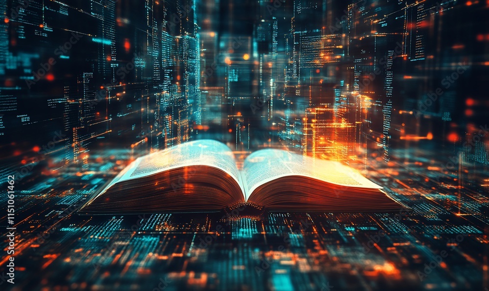 Poster an open book illuminated by digital data streams, symbolizing knowledge and technology.