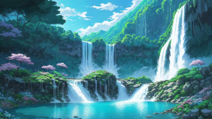 Fototapeta premium Illustration of an anime landscape background capturing a majestic waterfall cascading into a sparkling pool, surrounded by vibrant flora..