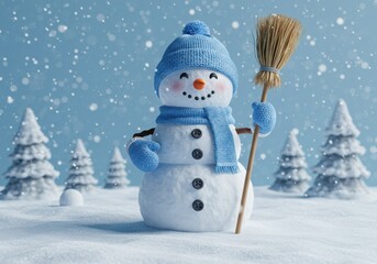 Fototapeta premium Cheerful snowman, blue knit hat, scarf, mittens, holding broom, snow-covered landscape