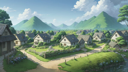 Illustration of an anime landscape background showcasing a quiet village surrounded by lush greenery and tranquil forest trails..