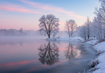 Winter wonderland, serene frozen lake, snow-covered trees, misty atmosphere, soft pink