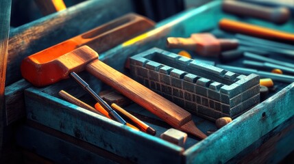 Assorted tools in a vintage toolbox.