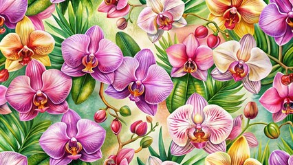 Aerial Orchid Floral Seamless Pattern - Watercolor Wedding Greeting Card
