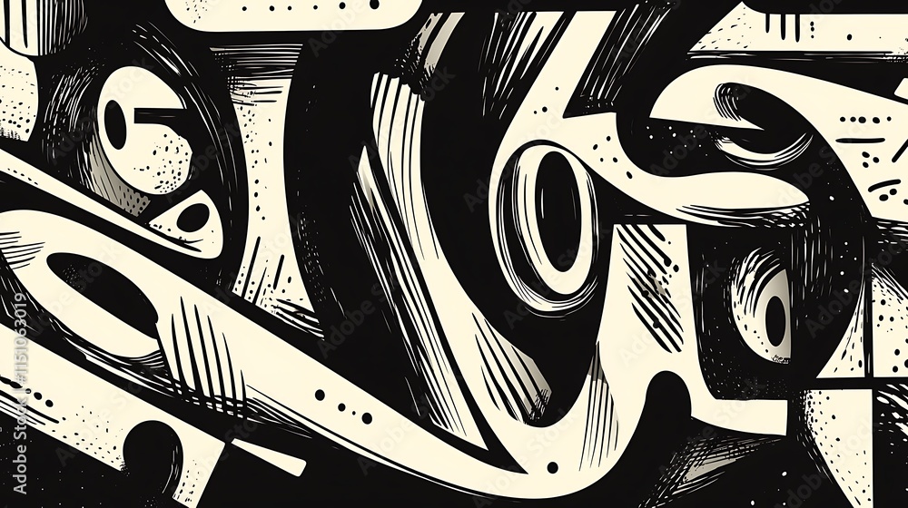 Poster abstract black and white graphic design with organic shapes and textures.