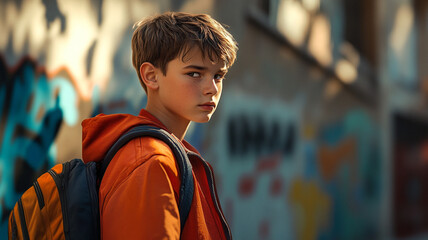 Naklejka premium Teen Boy Backpack Urban Street Portrait Graffiti Background
