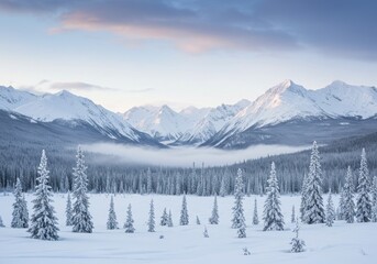 Fototapeta premium Winter wonderland, snow-covered mountains, misty peaks, frosted pine forest, panoramic
