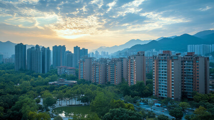 Obraz premium stunning skyline view showcasing modern buildings against backdrop of mountains and vibrant sunset. lush greenery adds to serene atmosphere