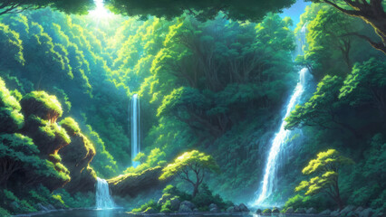 Fototapeta premium Illustration of an anime landscape background capturing a majestic waterfall cascading into a sparkling pool, surrounded by vibrant flora..